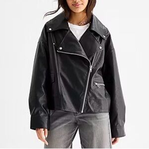 New A.N.A. Women Black Faux Leather Motorcycle Jacket Zipper Biker Bomber XL